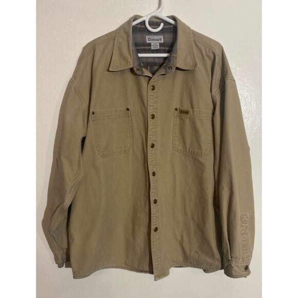 Carhartt Canvas Flannel Lined Shirt Jacket Tan Plaid S96GKH Mens 2XL Regular - Picture 2 of 12